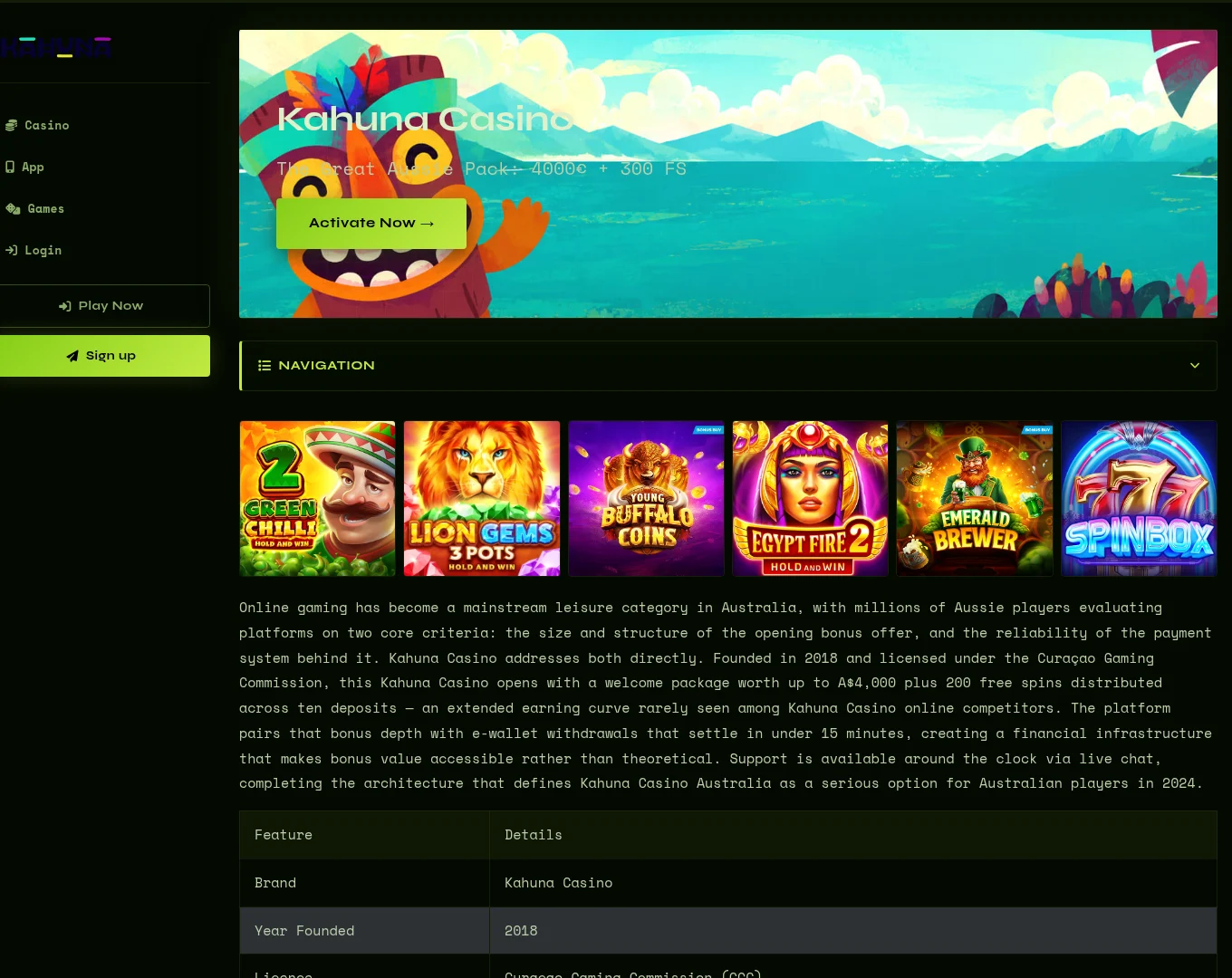 Kahuna Casino desktop casino interface